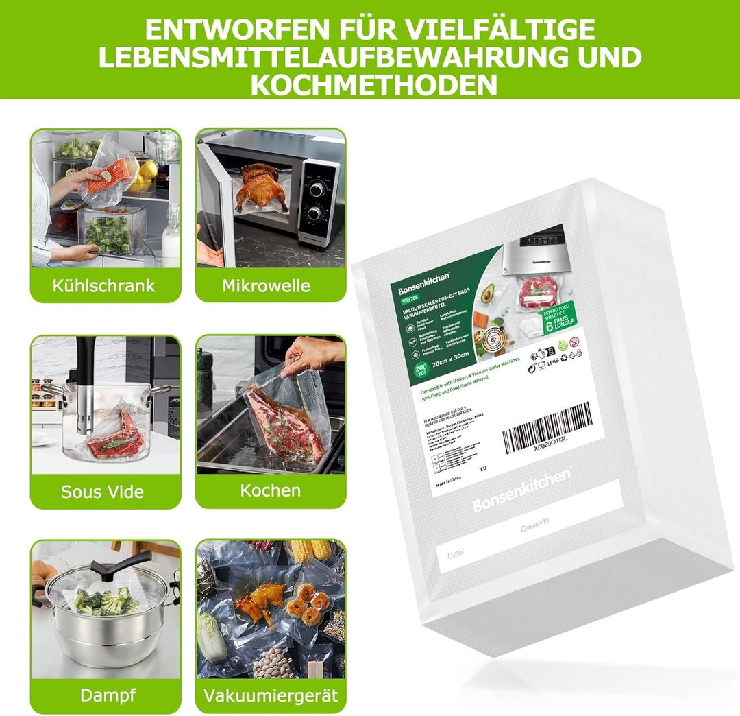 Bonsenkitchen Vakuumierbeutel 200 Beutel 20x30 cm, Profi-Folienbeutel für alle Vakuumiergerät, vakuu