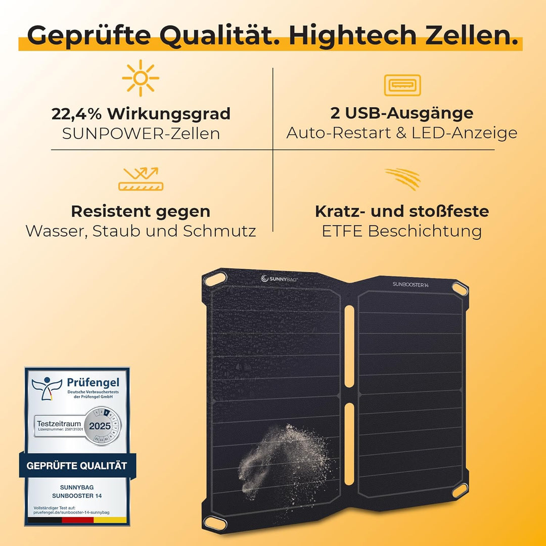 Sunnybag SUNBOOSTER 14 | Tragbares Solarladegerät mit 14 Watt | Faltbar, effizient, wasserfest | 2 U