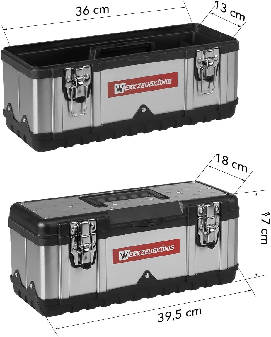 Werkzeugkoffer leer Edelstahl 39,5 x 18 x 17 cm Werkzeugkasten mit herausnehmbarer Ablage, Werkzeugk