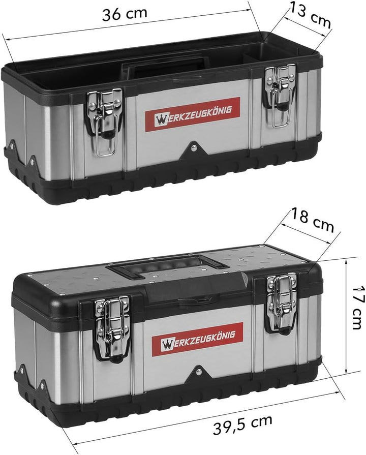 Werkzeugkoffer leer Edelstahl 39,5 x 18 x 17 cm Werkzeugkasten mit herausnehmbarer Ablage, Werkzeugk