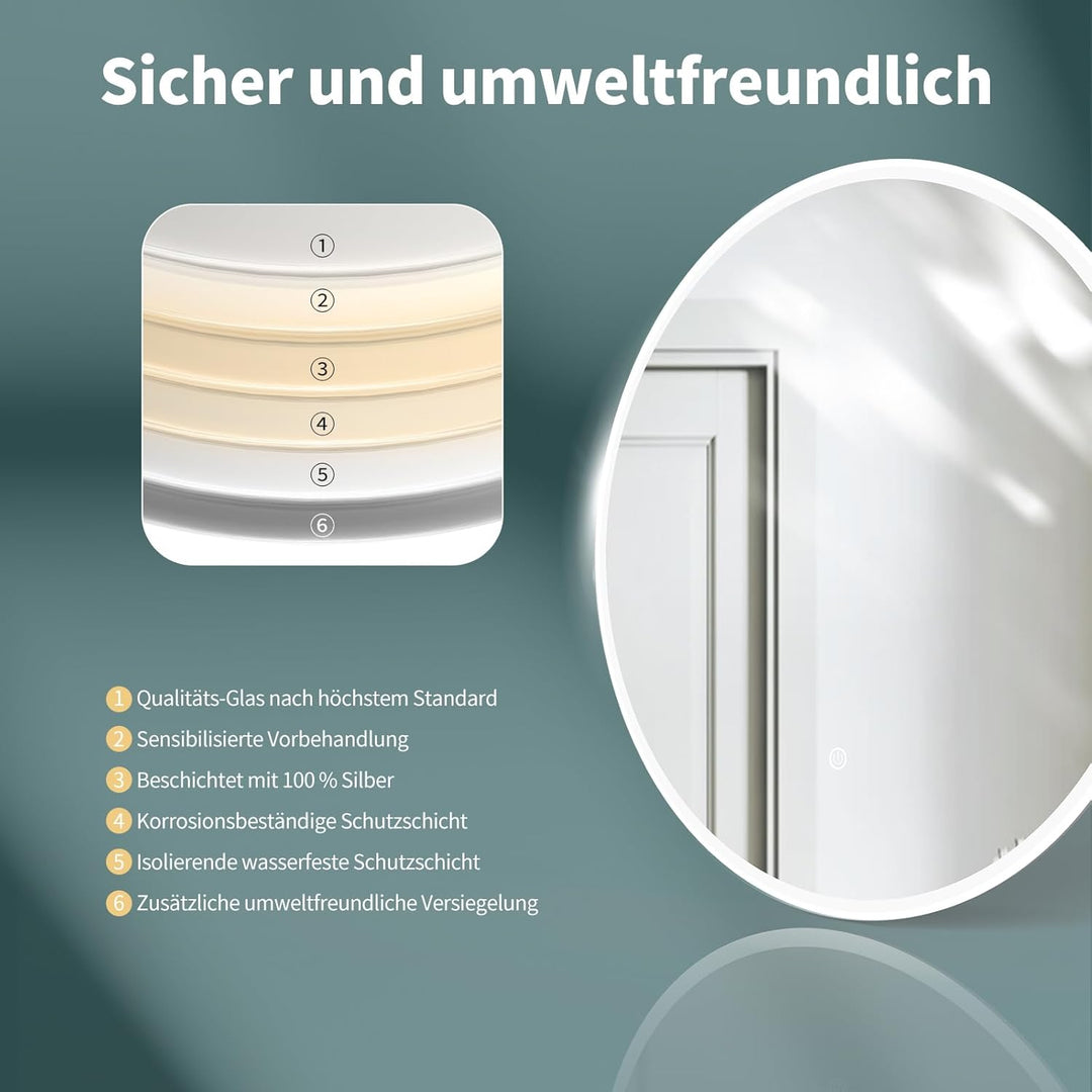 HOKO Design Badspiegel rund 60 cm Malaga mit Metall Rahmen Weiss. Runder Bad Wandspiegel LED beleuch