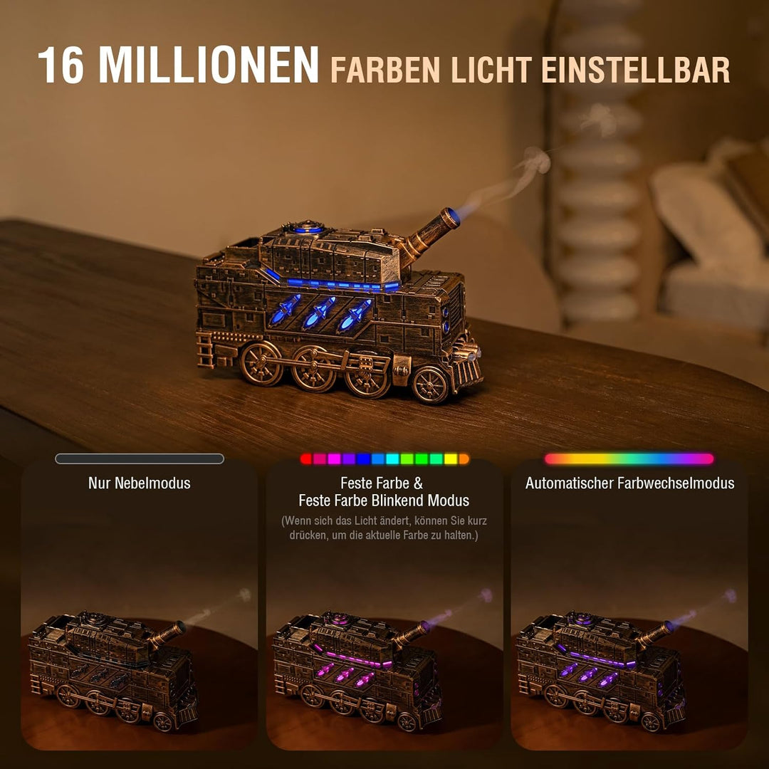 Aroma Diffusor für Ätherische Öle - Tank Diffuser mit Kanonen Styling, Farbigen LED Flammeneffekt, F