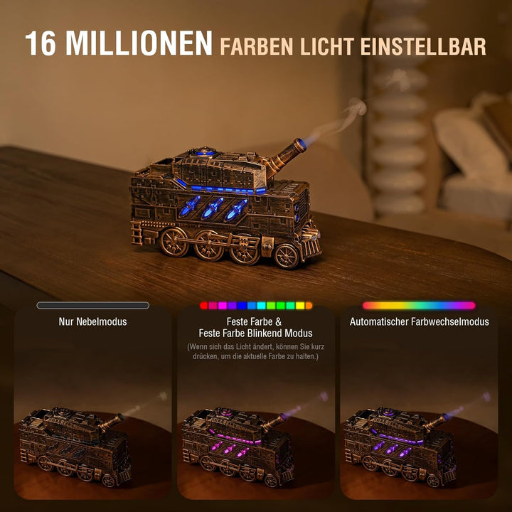 Aroma Diffusor für Ätherische Öle - Tank Diffuser mit Kanonen Styling, Farbigen LED Flammeneffekt, F