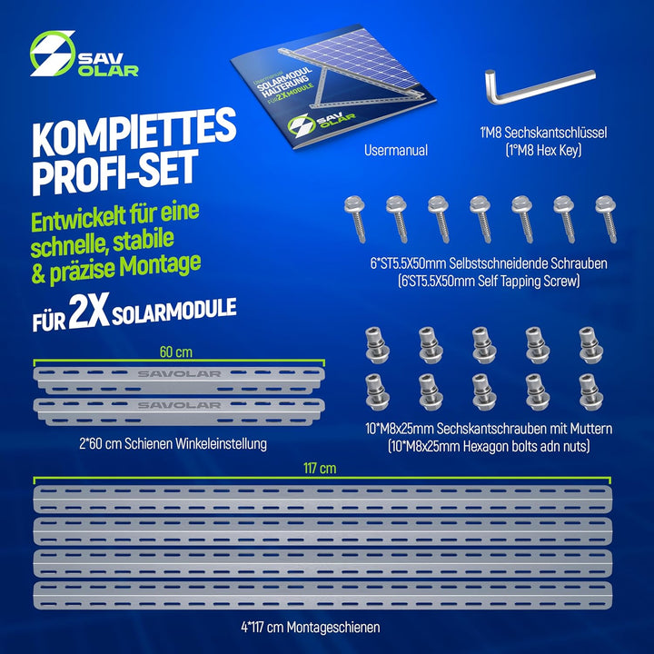 2 Sets SAVOLAR Solarmodul Halterung Balkonkraftwerk bis 117cm (46 Zoll) Winkel Einstellbar 0-90°, Ro