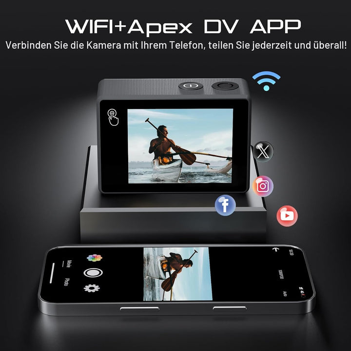 Apexcam M80pro mit 64G Karte Action Cam 4K60FPS 64MP WLAN Sportskamera Unterwasserkamera 40m Wasserd
