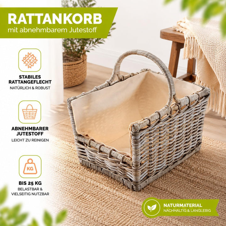 Kobolo Kaminholzkorb Holztrage Holzkorb für Kaminholz Rattan grau mit abnehmbarem, 50x38x33