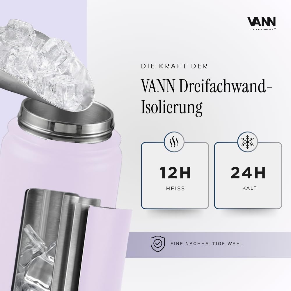 VANN Trinkflasche 650ML mit Strohhalm - 3fach isoliert [24h kalt 12h warm] Love Lila 650 ml, Love Li