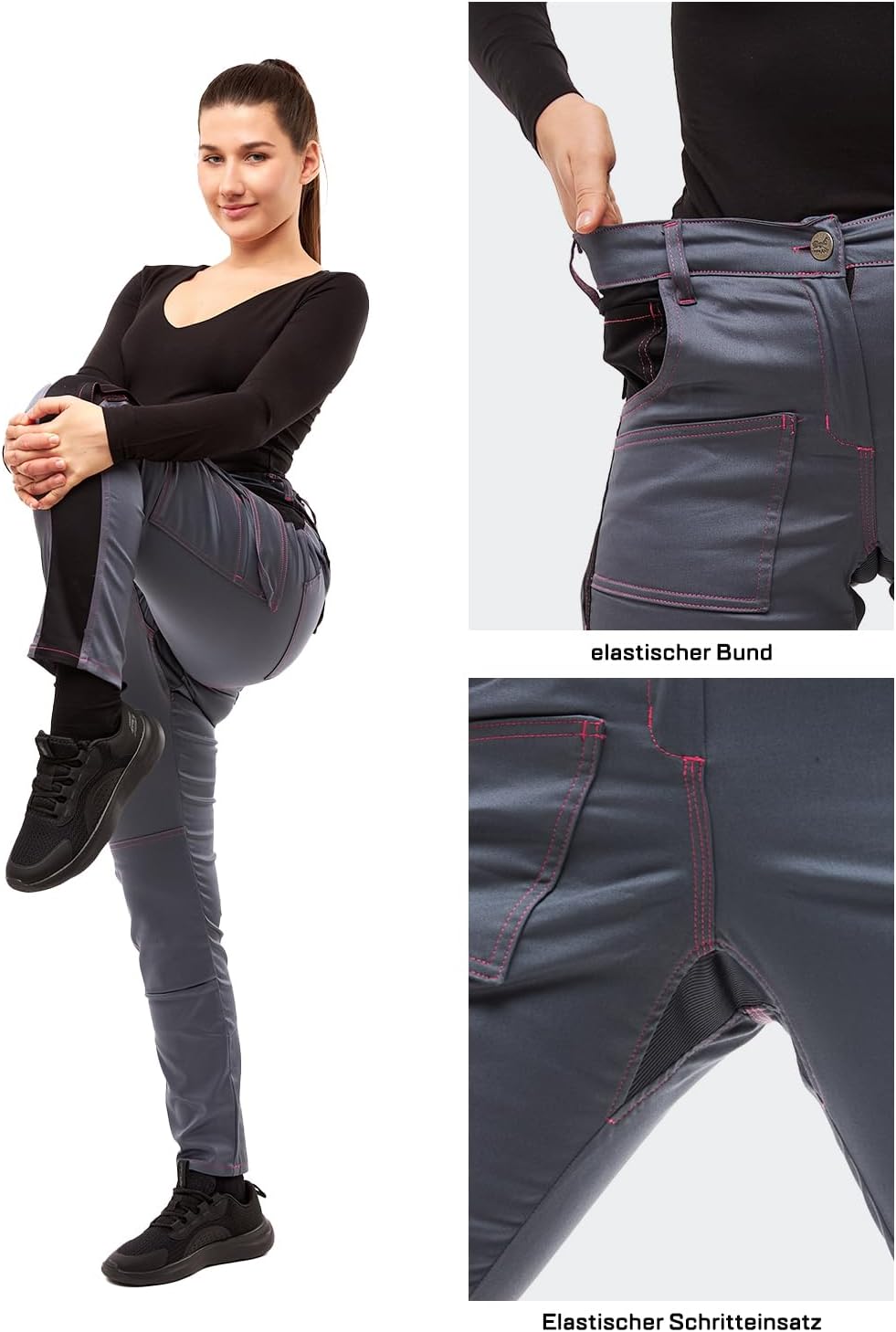 strongAnt Damen Arbeitshose komplett Stretch für Frauen Bundhose mit Kniepolstertaschen Schwarz Grau