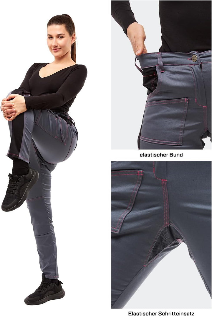 strongAnt Damen Arbeitshose komplett Stretch für Frauen Bundhose mit Kniepolstertaschen Schwarz Grau