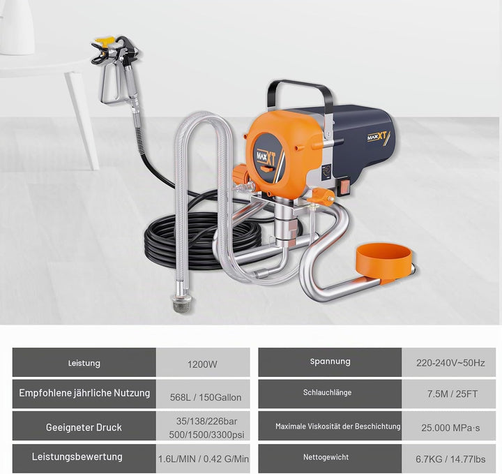 MAXXT Airless-Farbspritzgerät | 226 bar Hochdruck | 1200W | Max. Durchfluss 1,6 l/min | 7,5 m Hochdr