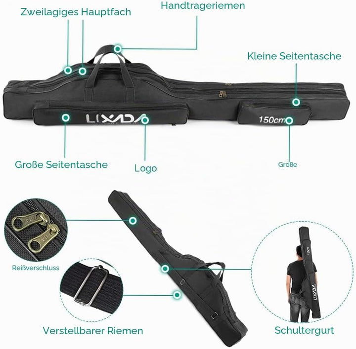 Lixada Angeltasche, tragbar, faltbar, für Outdoor-Angelrute, 100 cm/130 cm/150 cm Schwarz 150cm, Sch