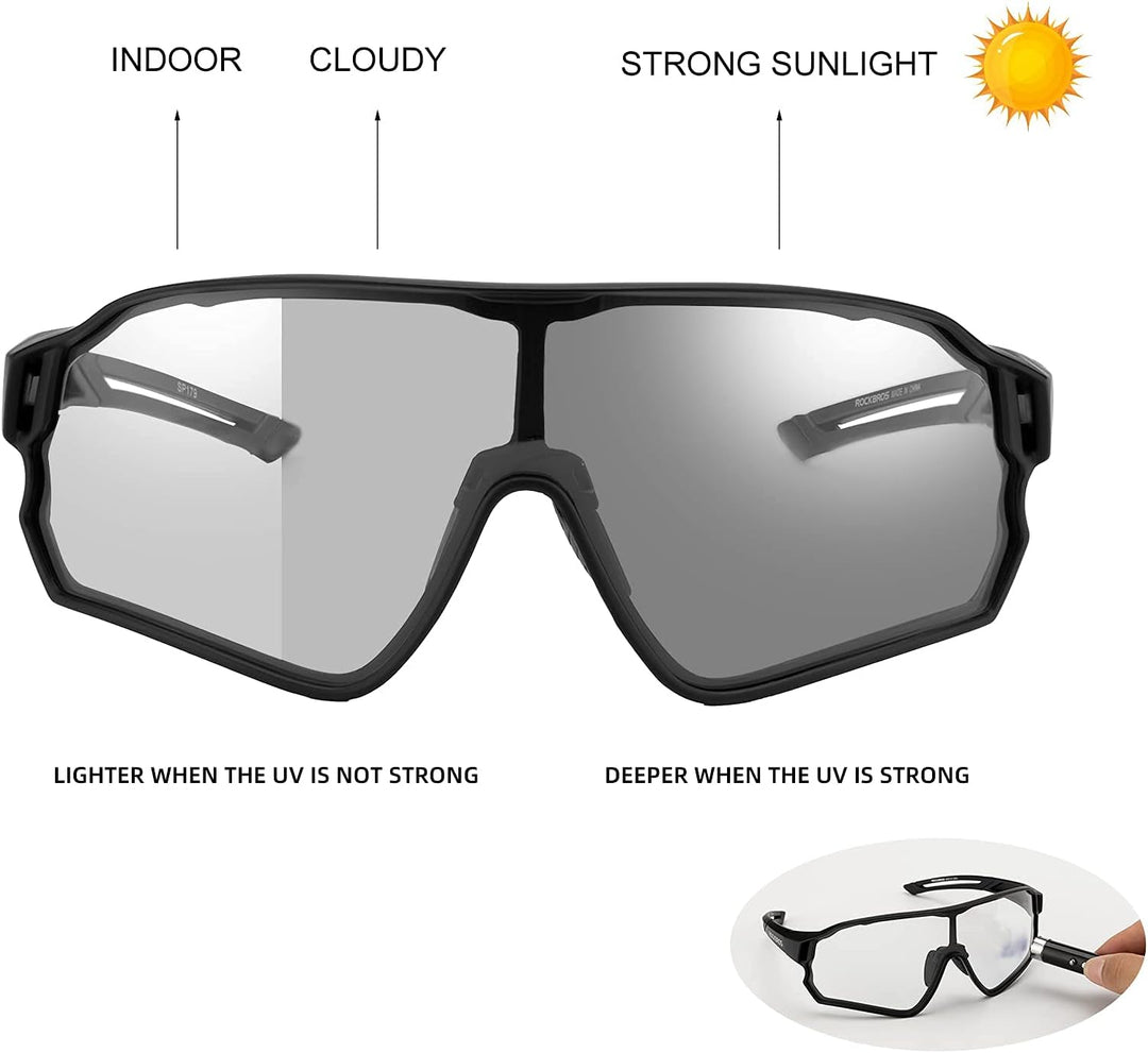 ROCKBROS Sonnenbrille UV-Schutz Brille Klar Photochromatisch Fahrradbrille Sportsbrille für Radfahre