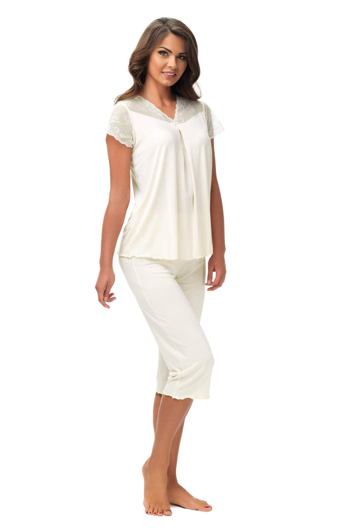 e.FEMME® Damen Schlafanzug Lena II 861 aus Baumwolle und Lenzing® Modal 42 Ecru, 42 Ecru