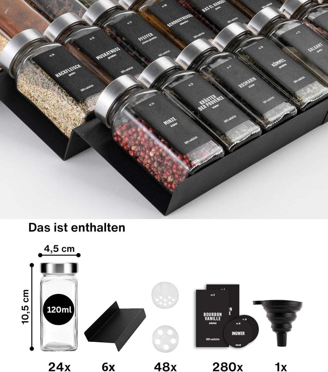 Deco haus® Gewürzregal Schublade aus Metall [MIT 24 GEWÜRZGLÄSER & ETIKETTEN] - Gewürzeinsatz Schubl