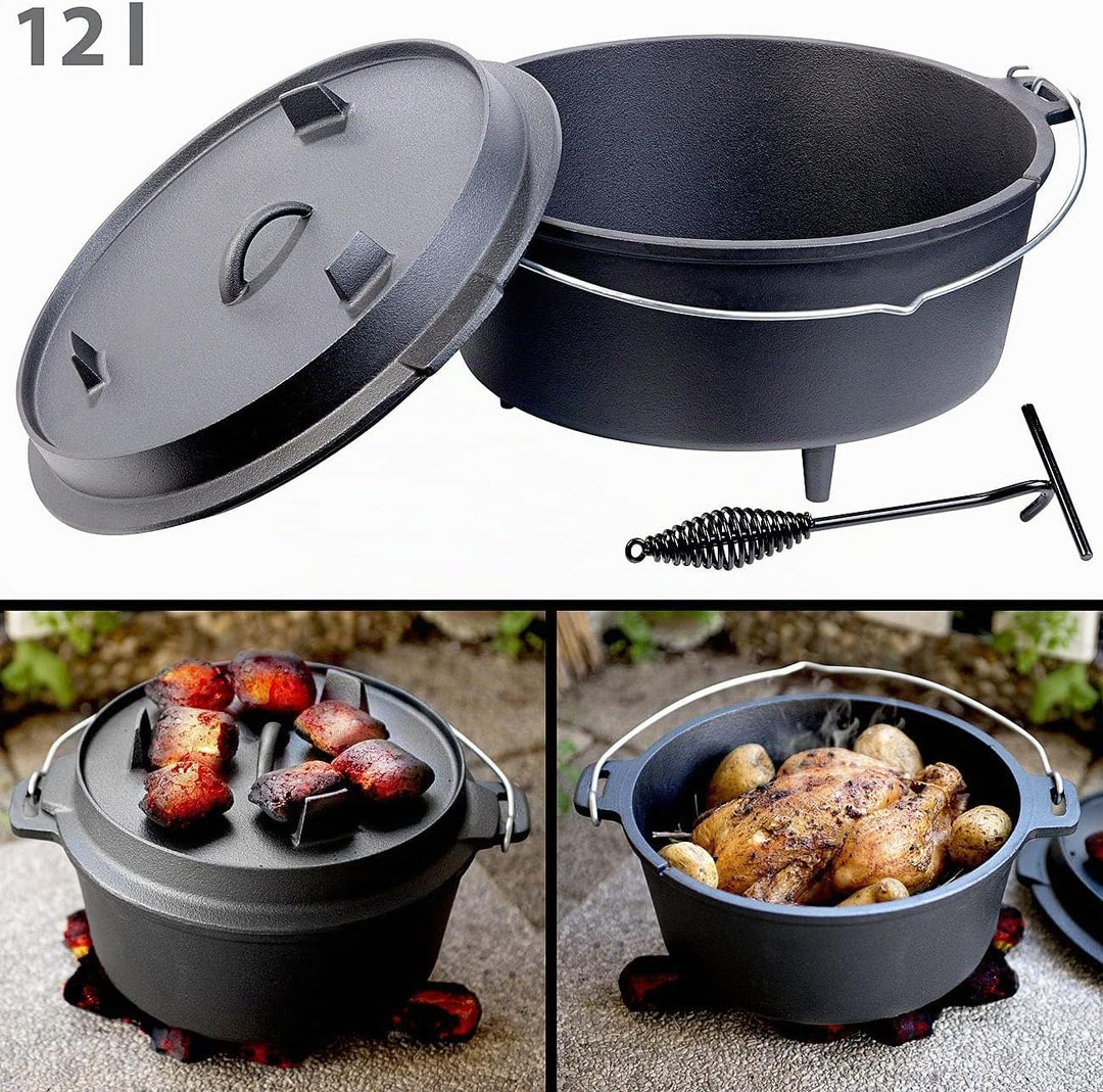 Rosenstein &amp; Söhne Feuertopf: Dutch Oven aus Gusseisen mit Standfüssen, 2in1-Deckel &amp; -Pfanne, 12 l