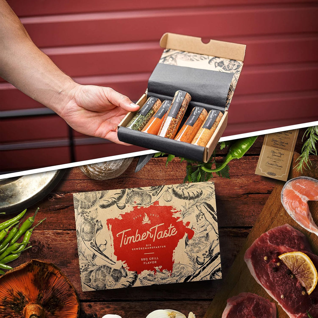 TIMBER TASTE® Grillschürze Männer + 5 BBQ Gewürze Geschenkset - BBQ Schürze & Grill Schürze Gewürze