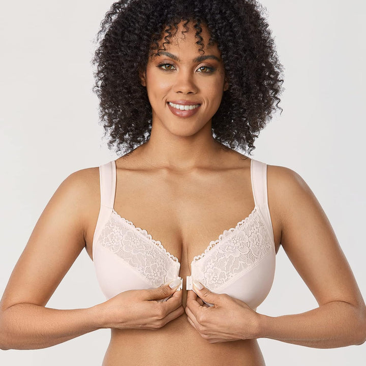 DELIMIRA Damen Vorderverschluss BH mit Bügel BHS Grosse Brüste Starker Halt Soft Spitzen U-Rücken Un