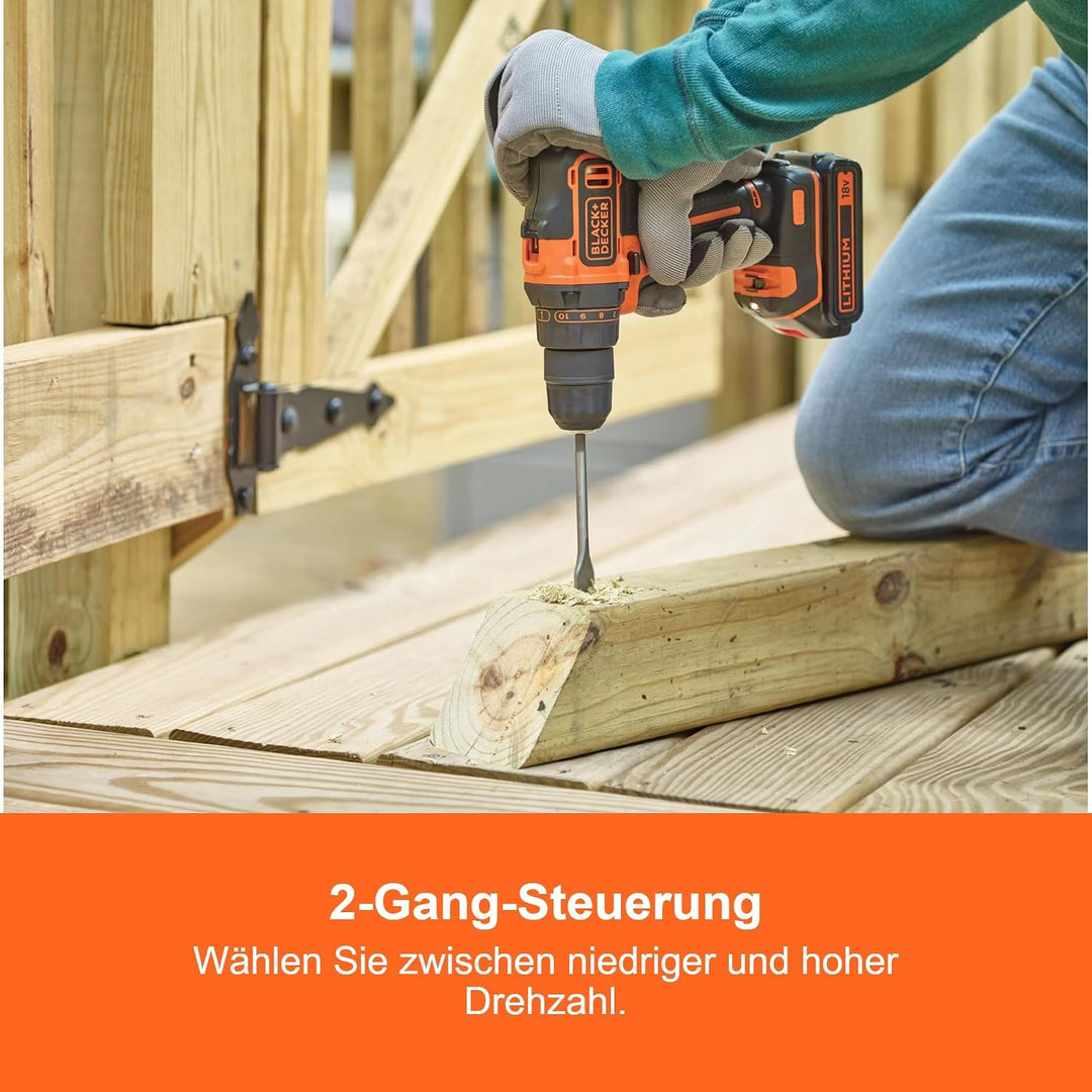 BLACK+DECKER 18V 2G Bohrschrauber, 2 Gänge, 11-Positions-Kupplung, 40Nm Drehmoment, 2x 1,5Ah Akkus,
