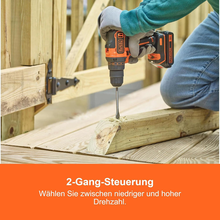 BLACK+DECKER 18V 2G Bohrschrauber, 2 Gänge, 11-Positions-Kupplung, 40Nm Drehmoment, 2x 1,5Ah Akkus,