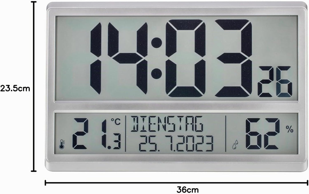 TFA Dostmann XL Wanduhr digital, 60.4520.54, mit Temperatur und Luftfeuchtigkeit, Wochentag (8 Sprac
