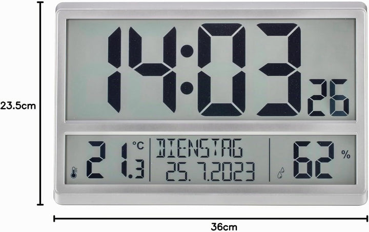 TFA Dostmann XL Wanduhr digital, 60.4520.54, mit Temperatur und Luftfeuchtigkeit, Wochentag (8 Sprac