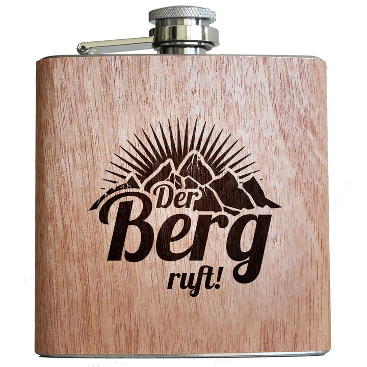 Der Berg ruft - Holz Flachmann! Geschenk Idee zum Wandern Klettern Bergsteiger Ski Fahrer Urlaub für