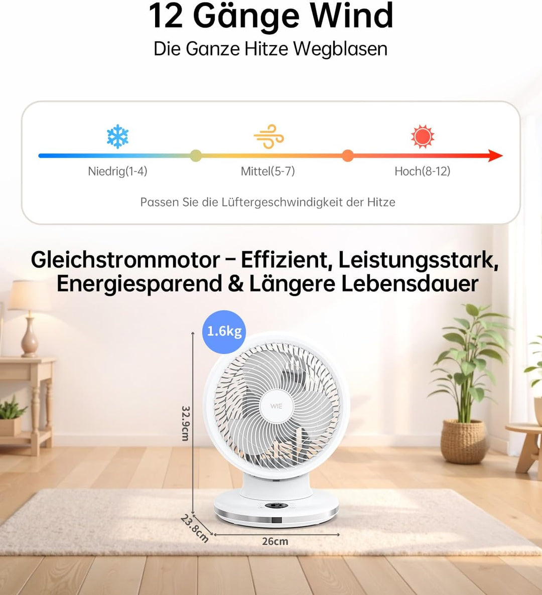 WIE Tischventilator Leiser 28dB, 4 Modi 12-Geschwindigkeit, 90° Oszillation Ventilator, Luftzirkulat