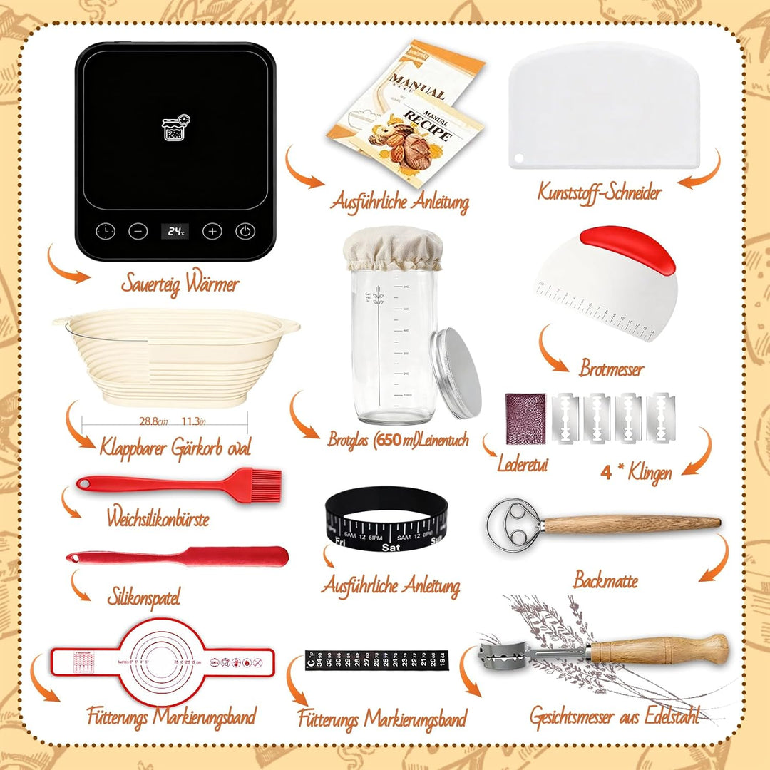 Daity Sauerteig Starter Set, 12-teilig Brot Backen Zubehör mit Sauerteig Wärmer, 28cm Klappbarer Bro