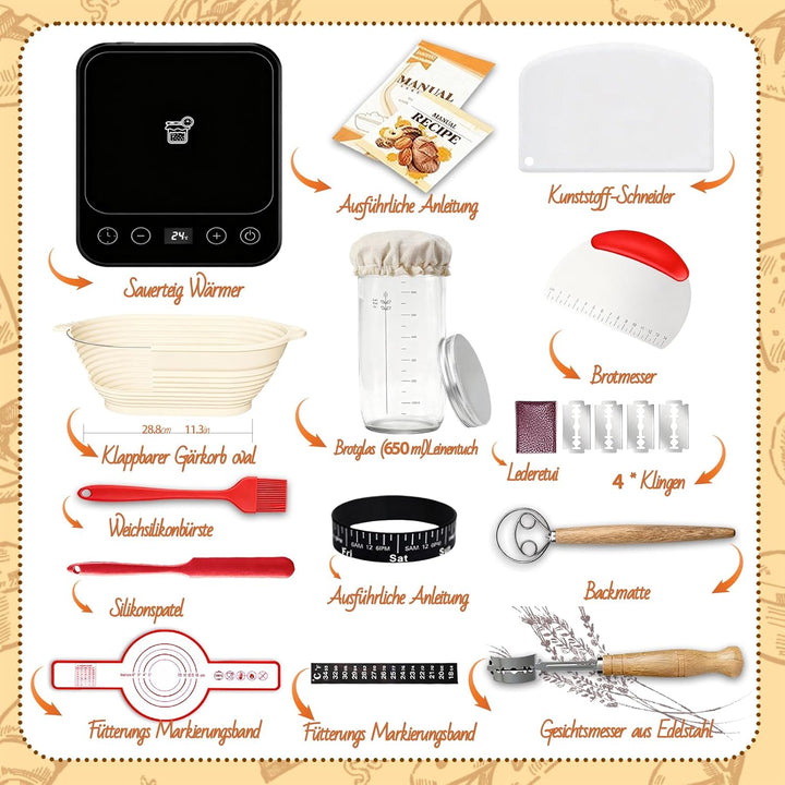 Daity Sauerteig Starter Set, 12-teilig Brot Backen Zubehör mit Sauerteig Wärmer, 28cm Klappbarer Bro