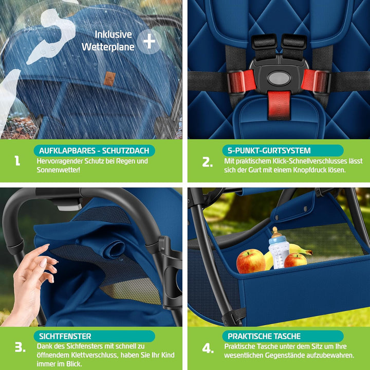 KIDIZ® Kinderwagen Premium Kinderbuggy klappbar Liegebuggy Sportwagen Faltbar 360°Räder 5-Punkt Gurt