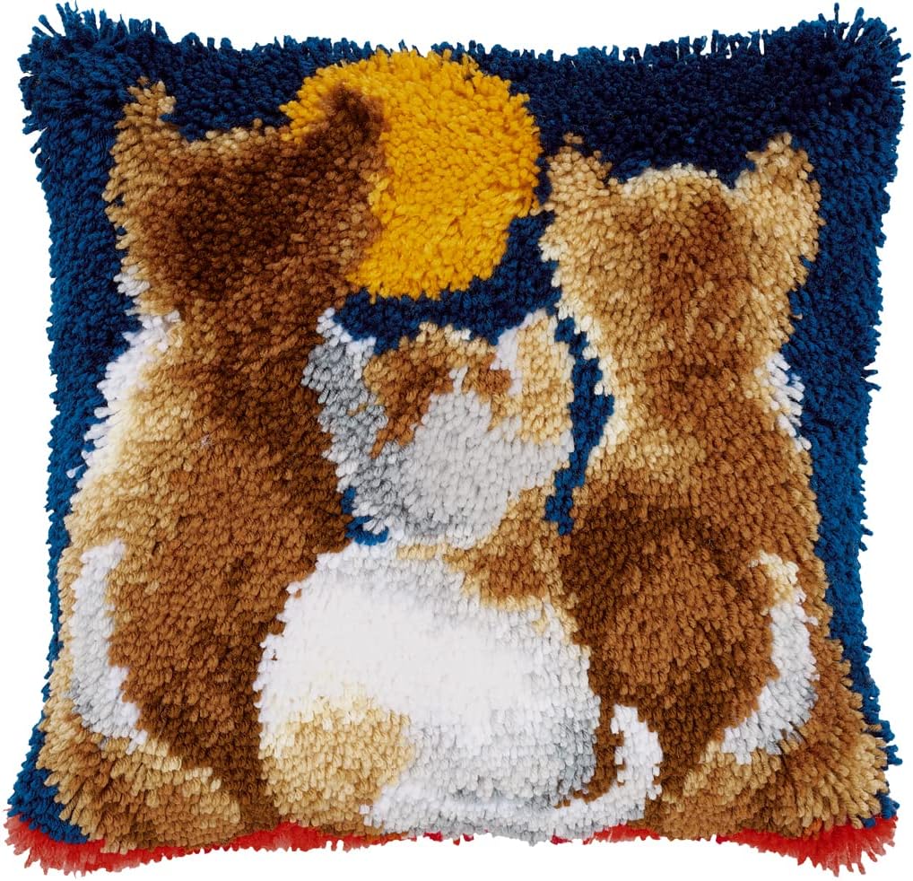 Vervaco Katzen bei Nacht Knüpfkissen mit Knüpfhaken, Baumwolle, Cats at Night, 40 x 40cm
