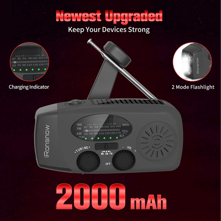 iRonsnow Notfall-Solarradio, Tragbare Kurbelradio mit LED-Taschenlampe, SOS-Alarm, AM/FM/WB Solar Wi