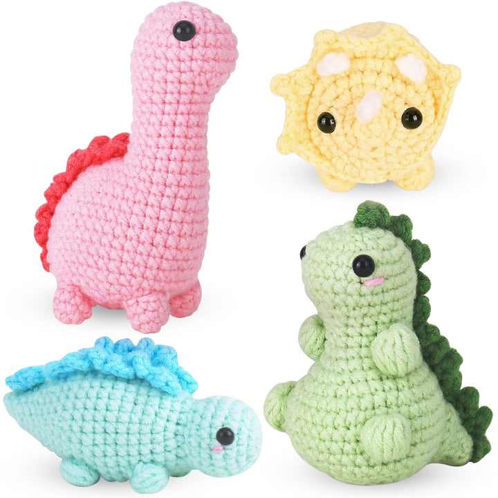 Dremisland Häkel Starterset für Anfänger Häkelset 4 Stück Dinosaurier Strickset für Erwachsene Stric