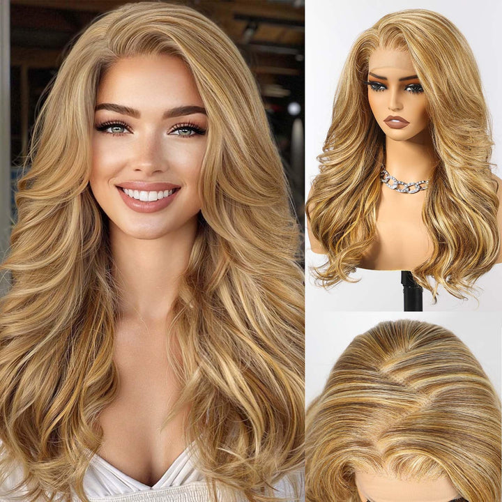 HAIRCUBE 13x6 HD Synthetische Lace-Front-Perücke, 24 Zoll blonde Highlights, lange lockige Stufenper