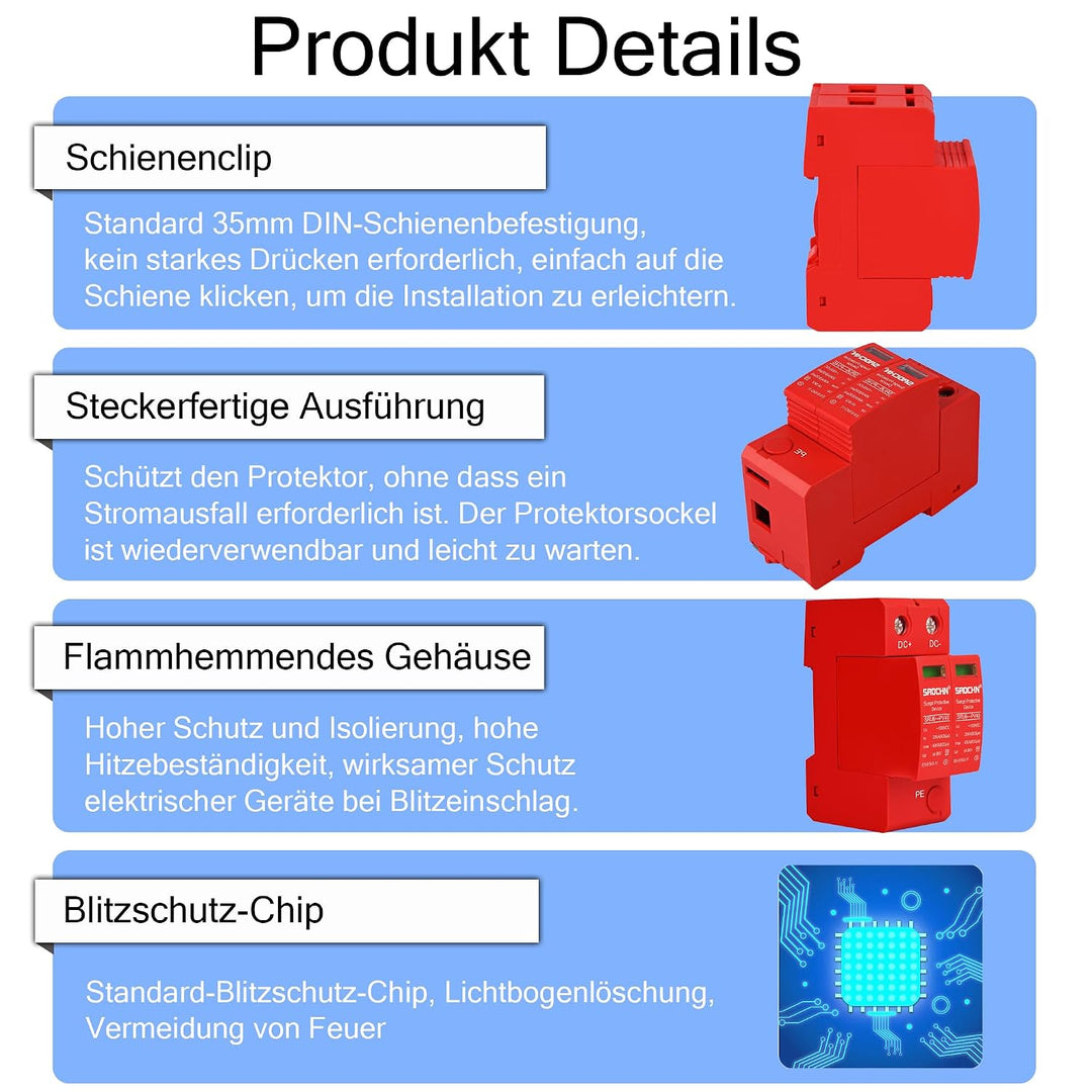 Warmfay Überspannungsschutz PV 2P 20-40KA, 1000V DC Photovoltaic Lightning Protector Niederspannungs