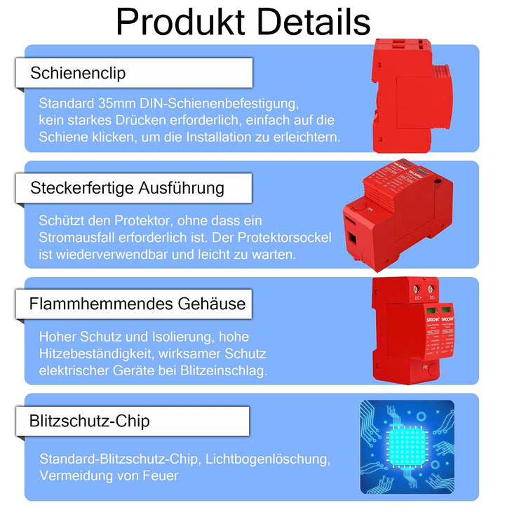 Warmfay Überspannungsschutz PV 2P 20-40KA, 1000V DC Photovoltaic Lightning Protector Niederspannungs