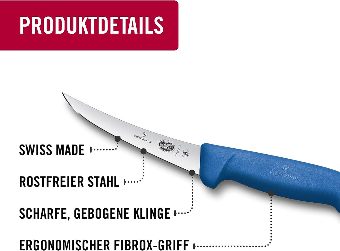 Victorinox Fibrox Ausbeinmesser, Scharfes Küchenmesser für Fleisch und Fisch, 12 cm, Gebogene Klinge