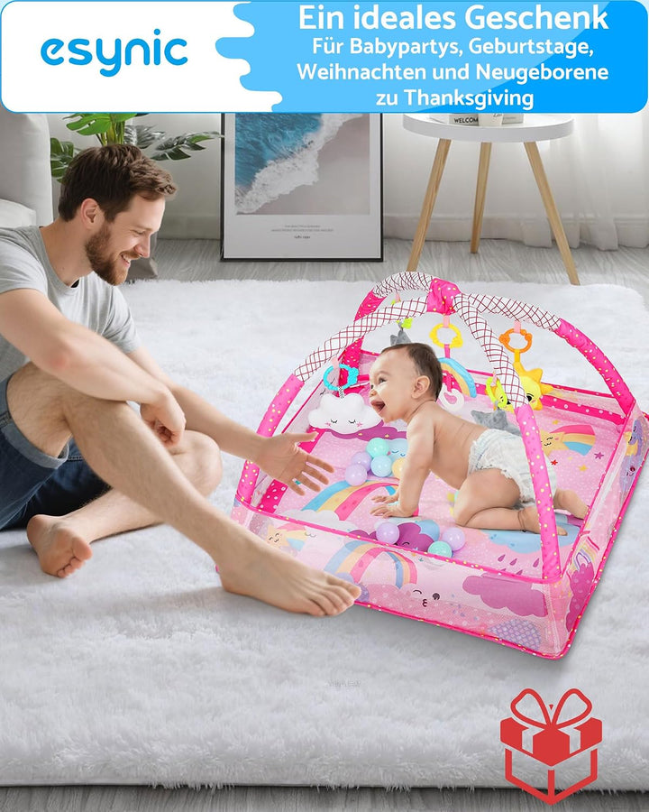 eSynic Babygym Spieldecke Krabbeldecke mit Spielbogen & Netz 7-in-1 Baby Play Mat für Bauchzeit mit