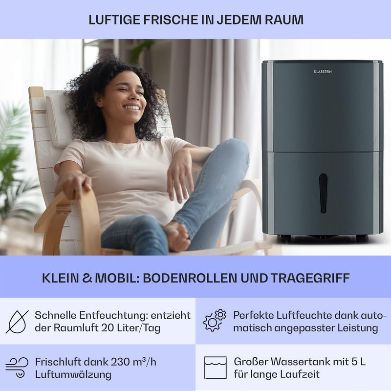 Klarstein Luftentfeuchter & Luftreiniger Elektrisch, 20 L Raumentfeuchter Klein für Wohnung Schlafzi