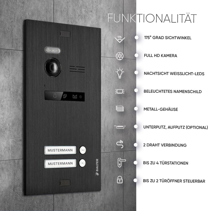 Balter EVO-HD Video Türsprechanlage, Video Türklingel mit Kamera, 2 familienhaus Klingel, 7 Zoll HD