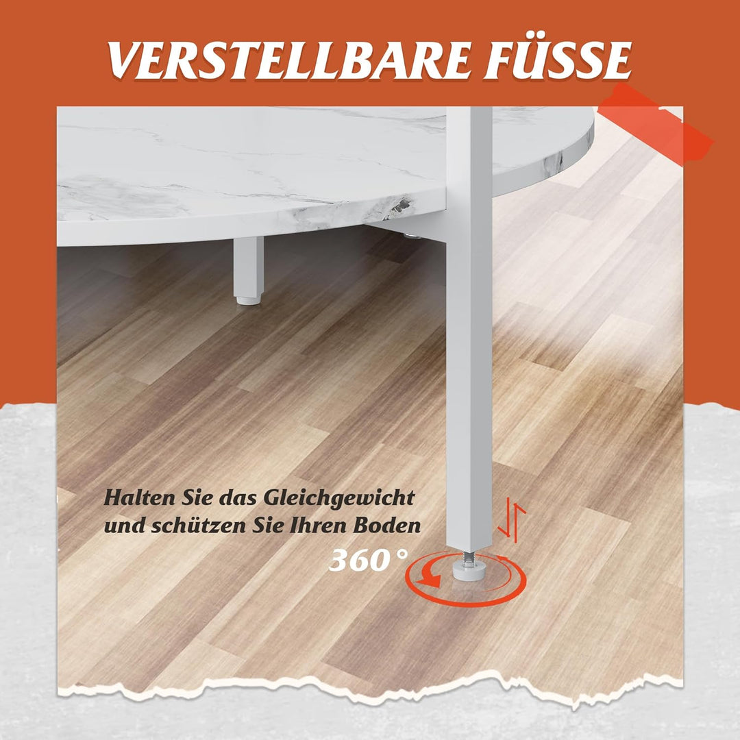 WLIVE Runder Couchtisch Weiss, Wohnzimmertisch Holz mit 2 Ebenen, Sofatisch mit viel Stauraum, für W