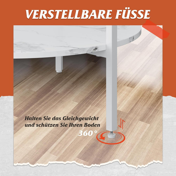 WLIVE Runder Couchtisch Weiss, Wohnzimmertisch Holz mit 2 Ebenen, Sofatisch mit viel Stauraum, für W