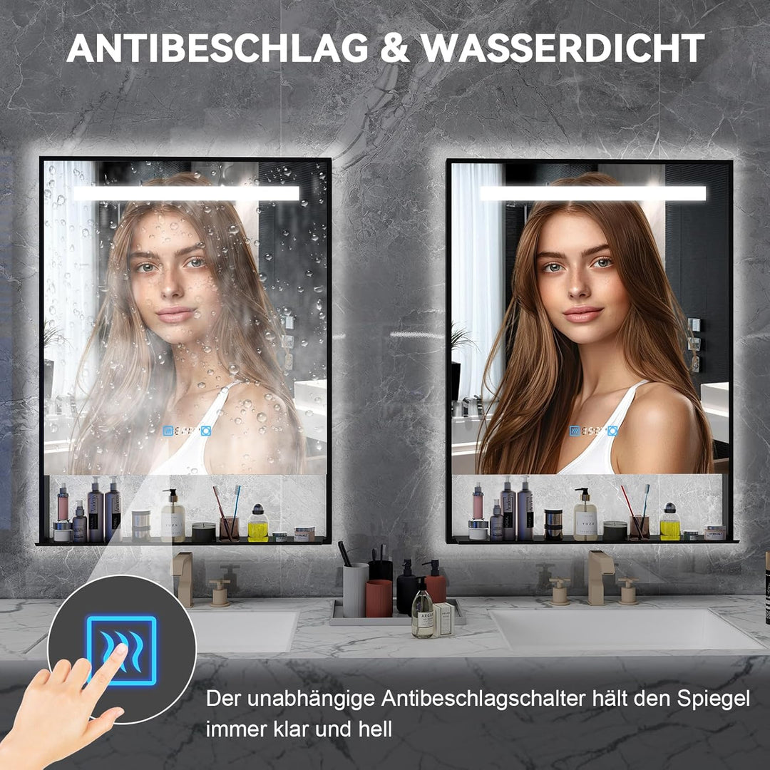 YU YUSING Badspiegel Badezimmerspiegel mit Beleuchtung mit Abnehmbarer Ablage 60x80cm, Wandspiegel L