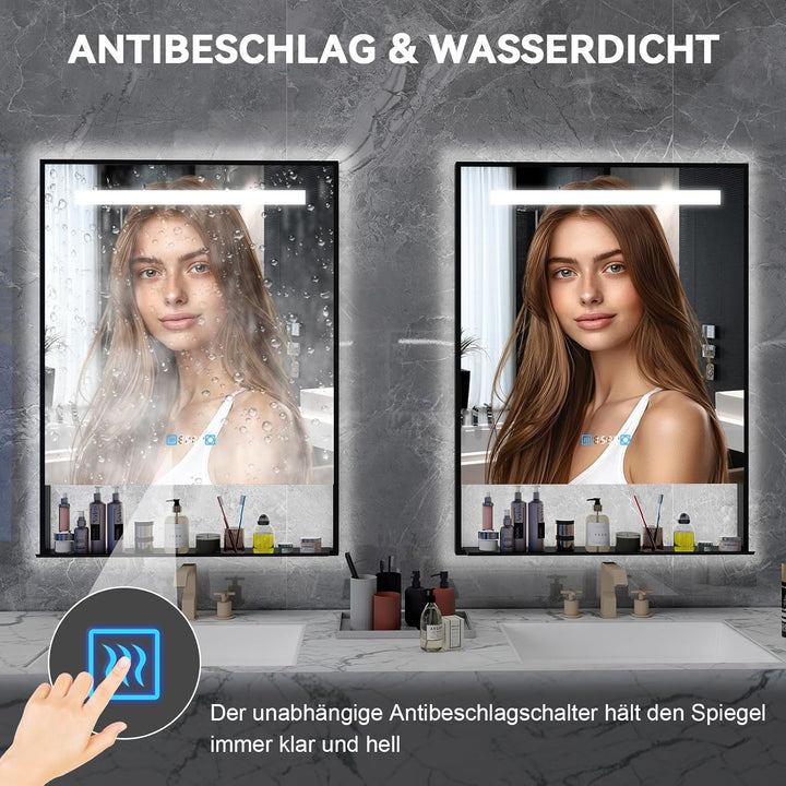 YU YUSING Badspiegel Badezimmerspiegel mit Beleuchtung mit Abnehmbarer Ablage 60x80cm, Wandspiegel L