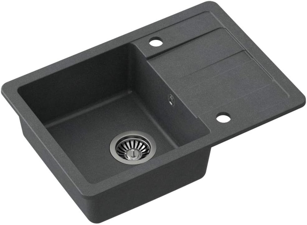 VBChome Spülbecken mit Armatur Schwarz 62 x 44 cm Granit Einzelbecken Einbauspüle Abtroffläche gespr