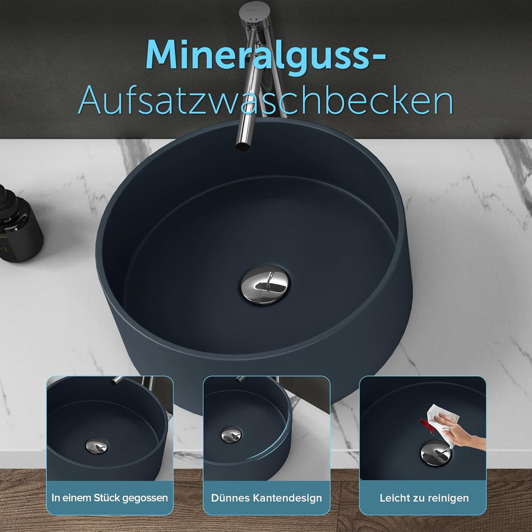 doporro Aufsatzwaschbecken rund Colossum804 matt Anthrazit Ø 40 cm Mineralguss Waschbecken ohne Arma