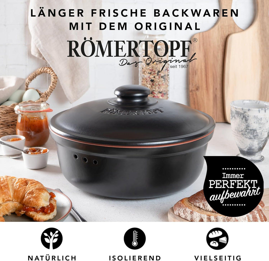 Römertopf Brottopf Rund Ø 30cm - Brotkasten Schwarz aus Keramik - Atmungsaktiver Tontopf für langanh