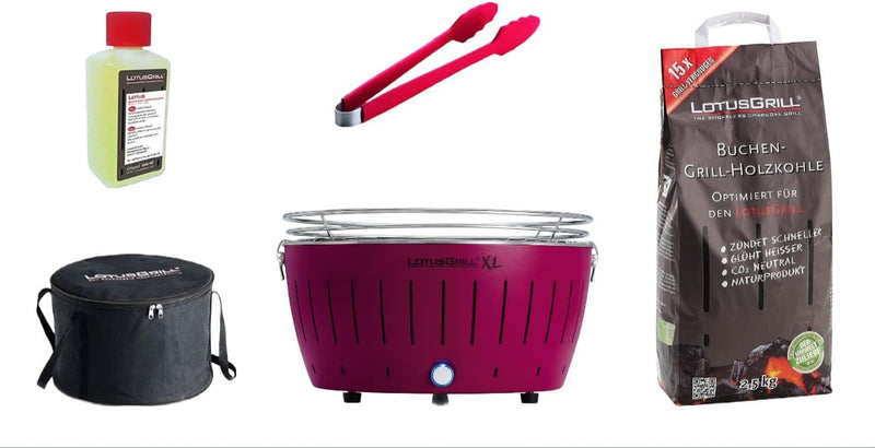 LotusGrill Starter-Set 1x XL Grill Pflaumenlila mit USB-Anschluss, 1x Buchenholzkohle 2,5 kg, 1x Bre