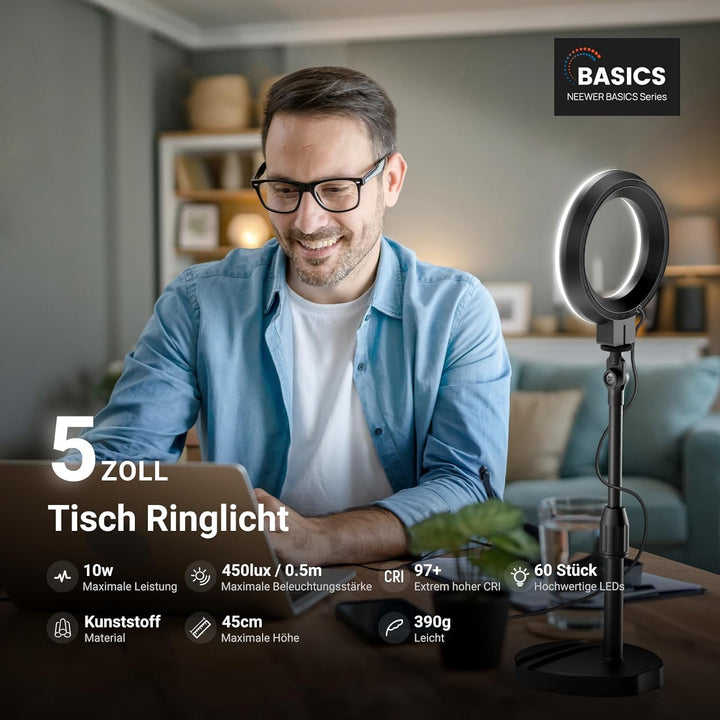 NEEWER Basics 5" LED Tisch Ringlicht mit Ständer, Monitorhalterung, 10W kompatibel mit iPhone, Compu