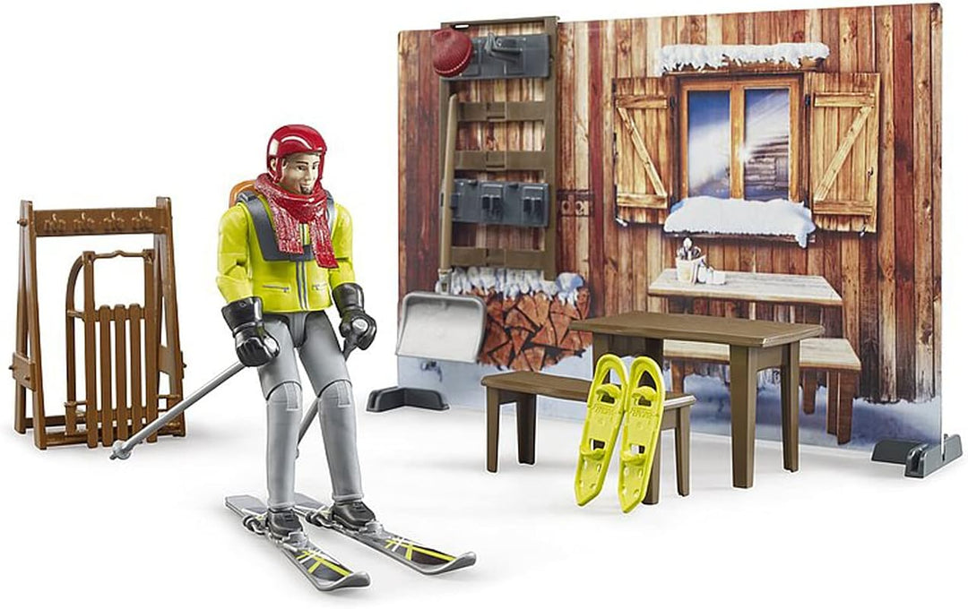 bruder 63102 - Bworld Berghütte mit Snowmobil & Figur - 1:16 Schneemobil Skifahrer Winter Spielzeug